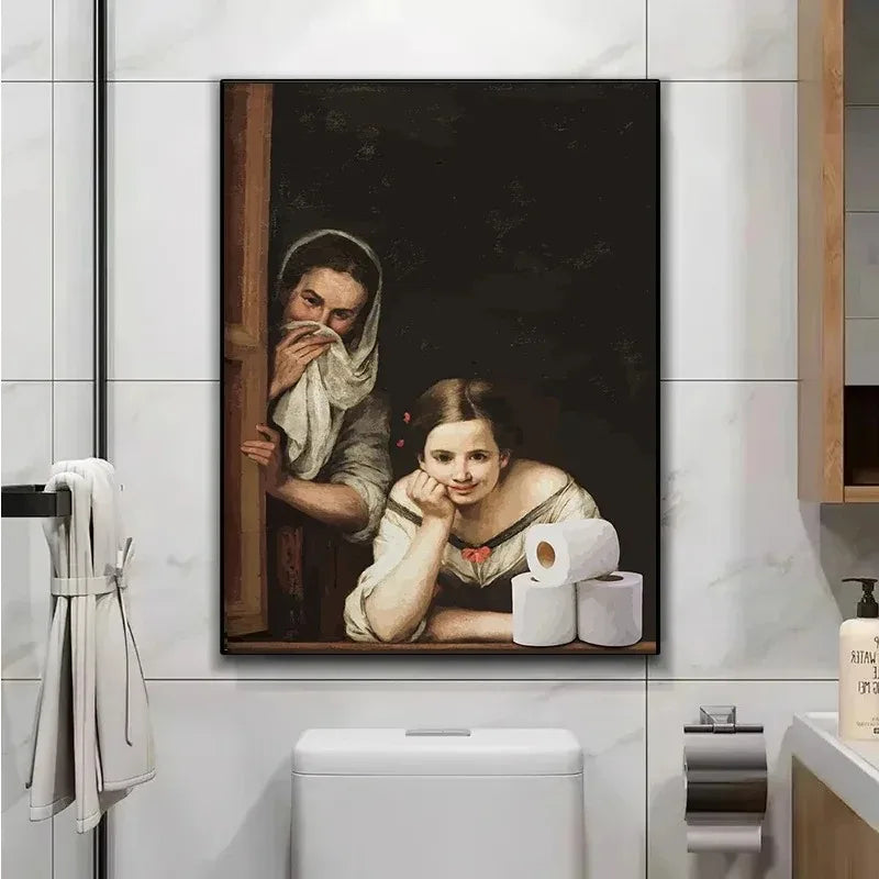 funny bathroom canvas with Mona Lisa and Girl with a Pearl Earring toilet-paper gag