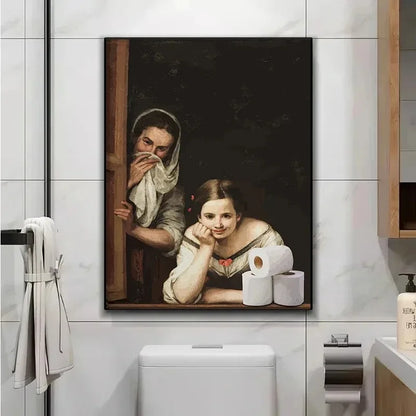 funny bathroom canvas with Mona Lisa and Girl with a Pearl Earring toilet-paper gag