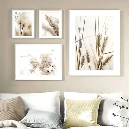 minimalist beige canvas with reed grass and flowers nordic style