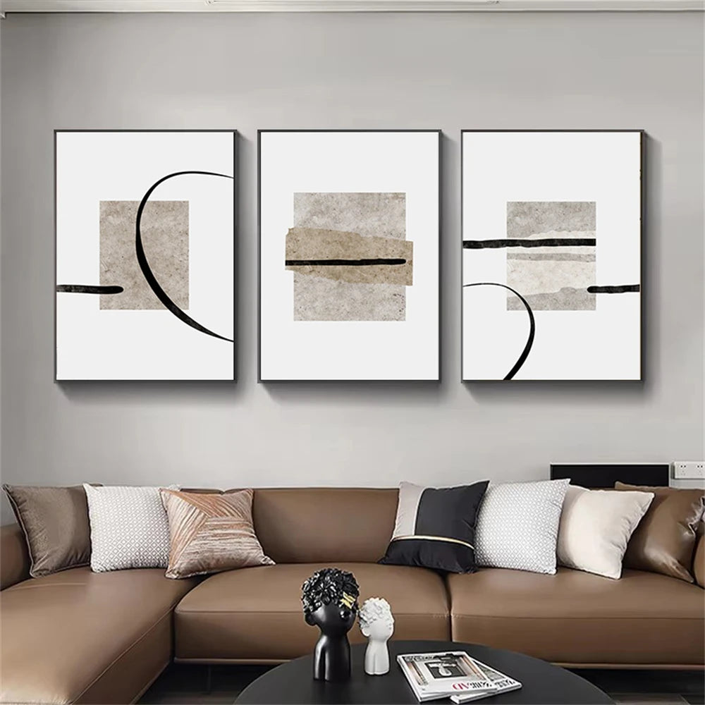 minimalist beige and black color block abstract line canvas