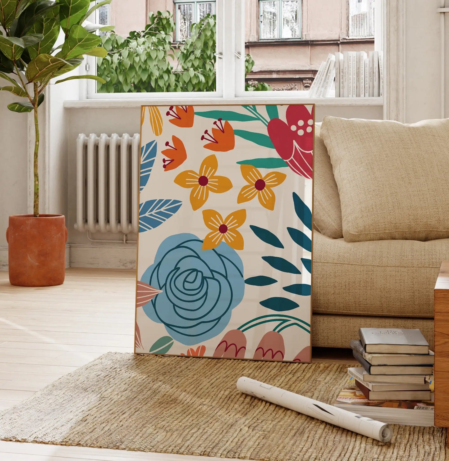 Three-piece colorful boho floral abstract canvas wall art