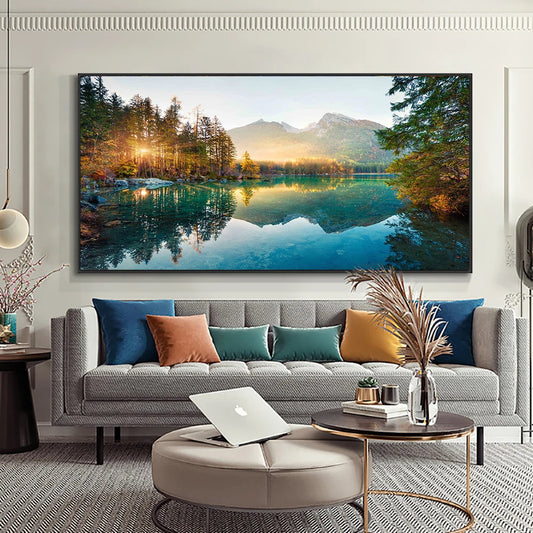 minimalist nordic landscape of mountain lake at sunset on canvas