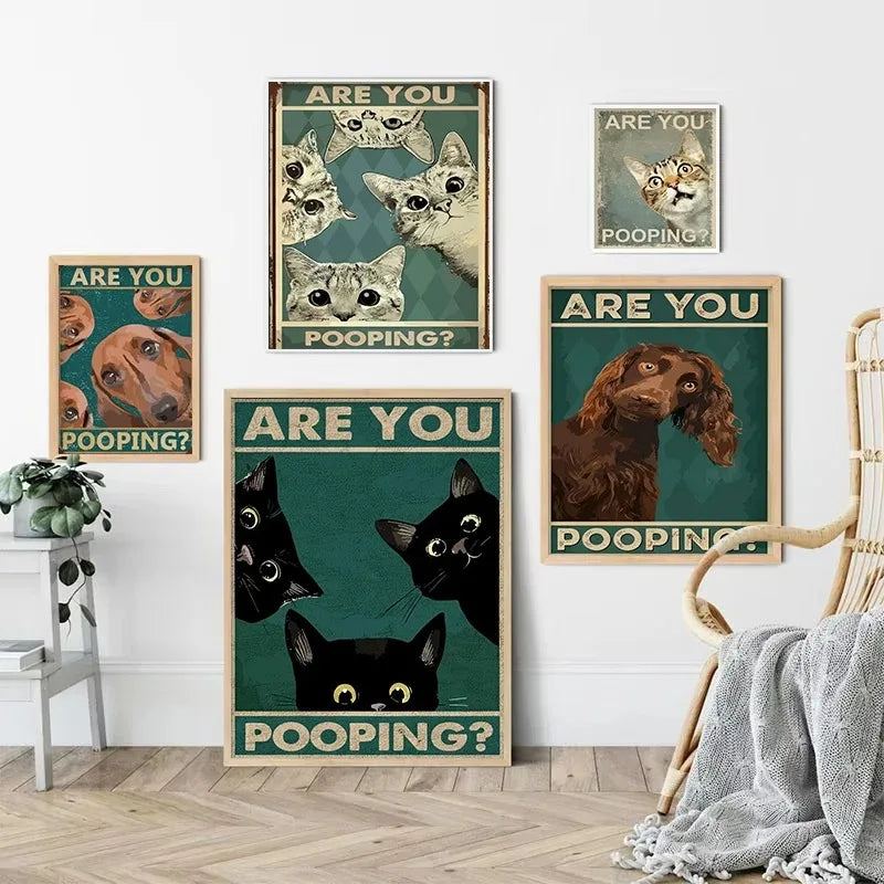Funny cats and dogs “Are You Pooping?” bathroom canvas wall art
