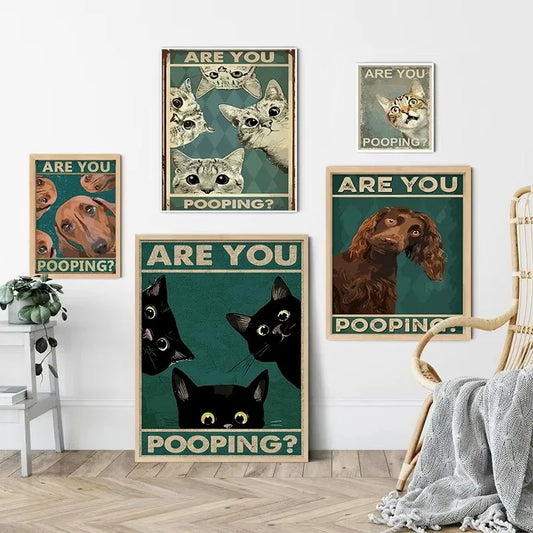 Funny cats and dogs “Are You Pooping?” bathroom canvas wall art