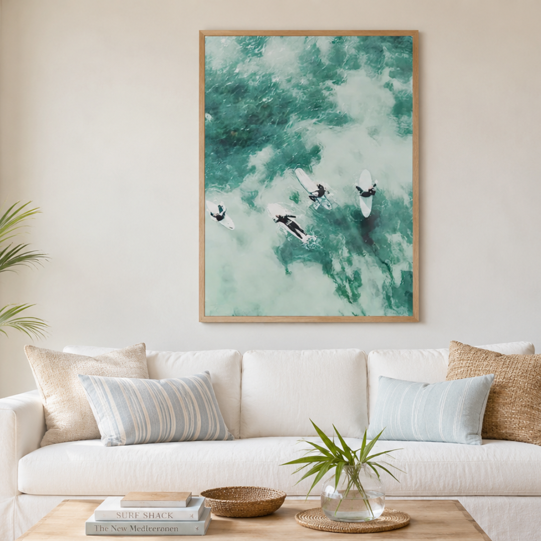 Aerial Surfers Turquoise Ocean Canvas Print