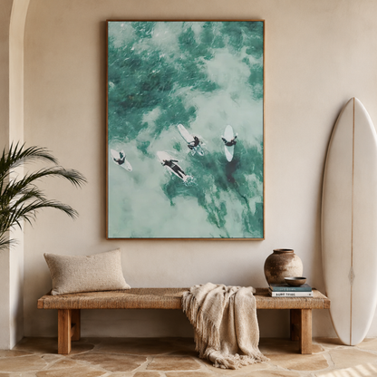 Aerial Surfers Turquoise Ocean Canvas Print