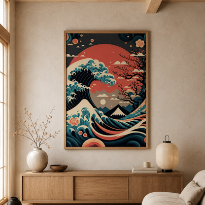 Japanese Great Wave Red Sun Canvas Print
