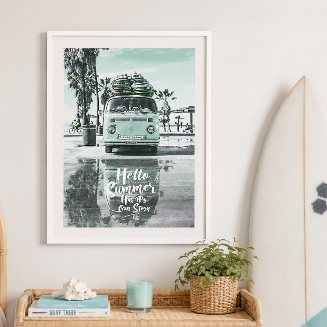 Hello Summer Retro Surf Camper Van Canvas Print