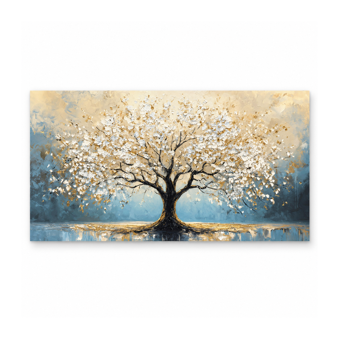 A horizontal canvas painting of a stylized tree with white and gold blossoms against a blue and beige background, displayed on a clean white wall.