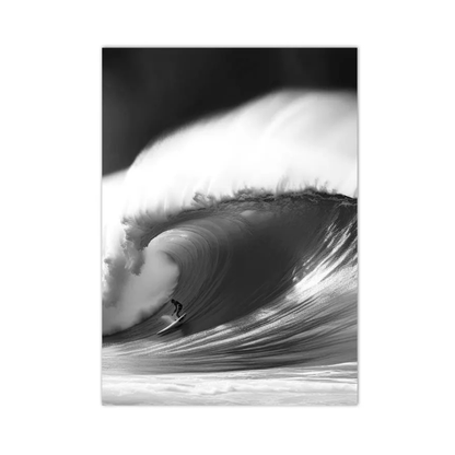A vertical black and white photographic art print depicting a surfer riding inside the curl of a large ocean wave, shown against a plain white background.