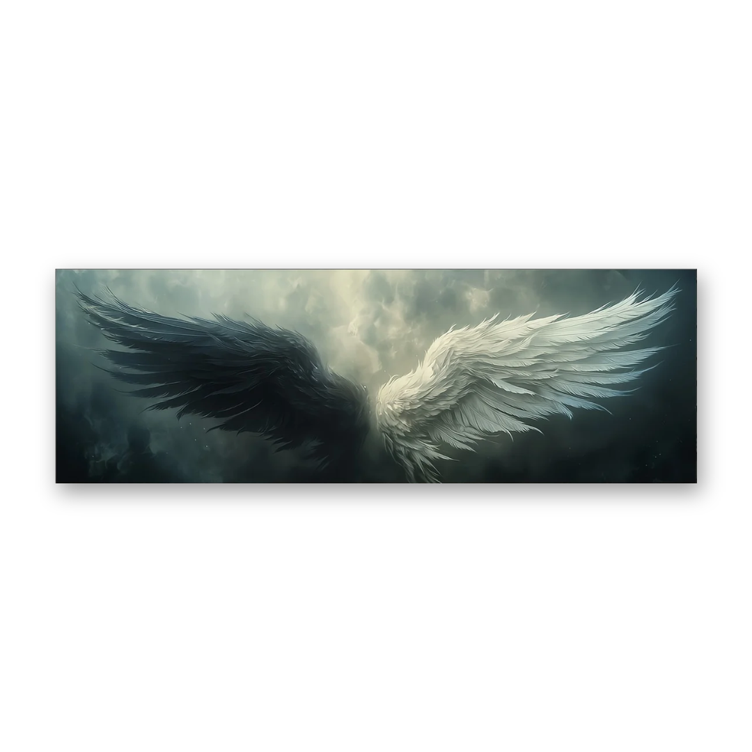 A panoramic canvas wall art print depicting a pair of large angel wings rising through dark, cloudy skies, shown against a plain white background.