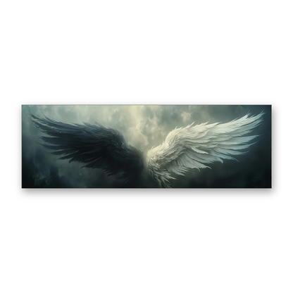 A panoramic canvas wall art print depicting a pair of large angel wings rising through dark, cloudy skies, shown against a plain white background.