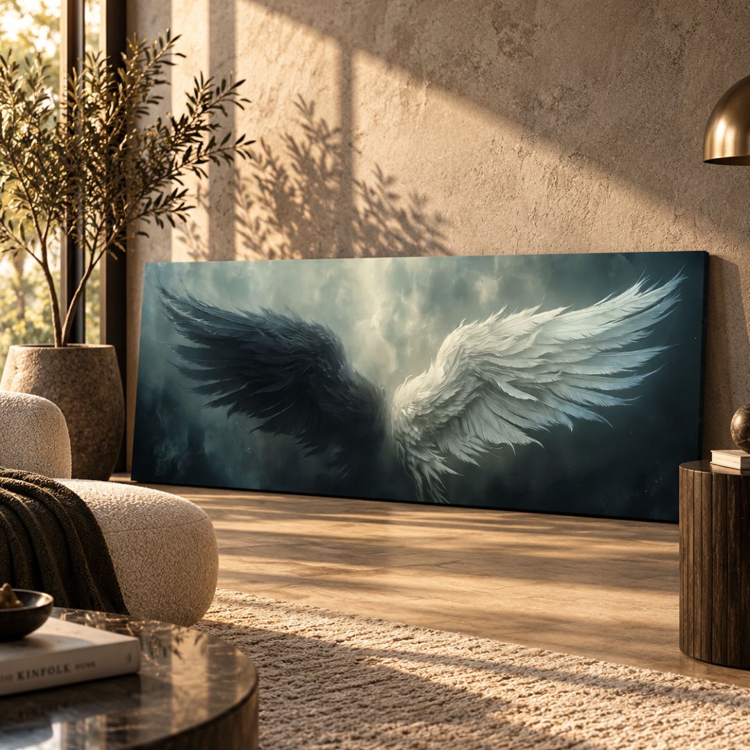 Celestial Balance Angel Wings Panoramic Canvas Print