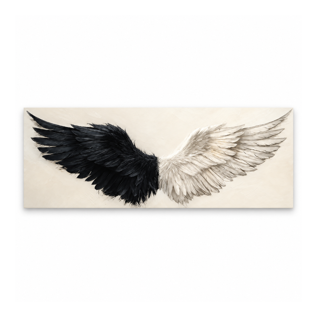 A rectangular canvas wall art print featuring a pair of wings split down the middle, with one wing in solid black and the other in white and gray feather detail, set against a light beige background.